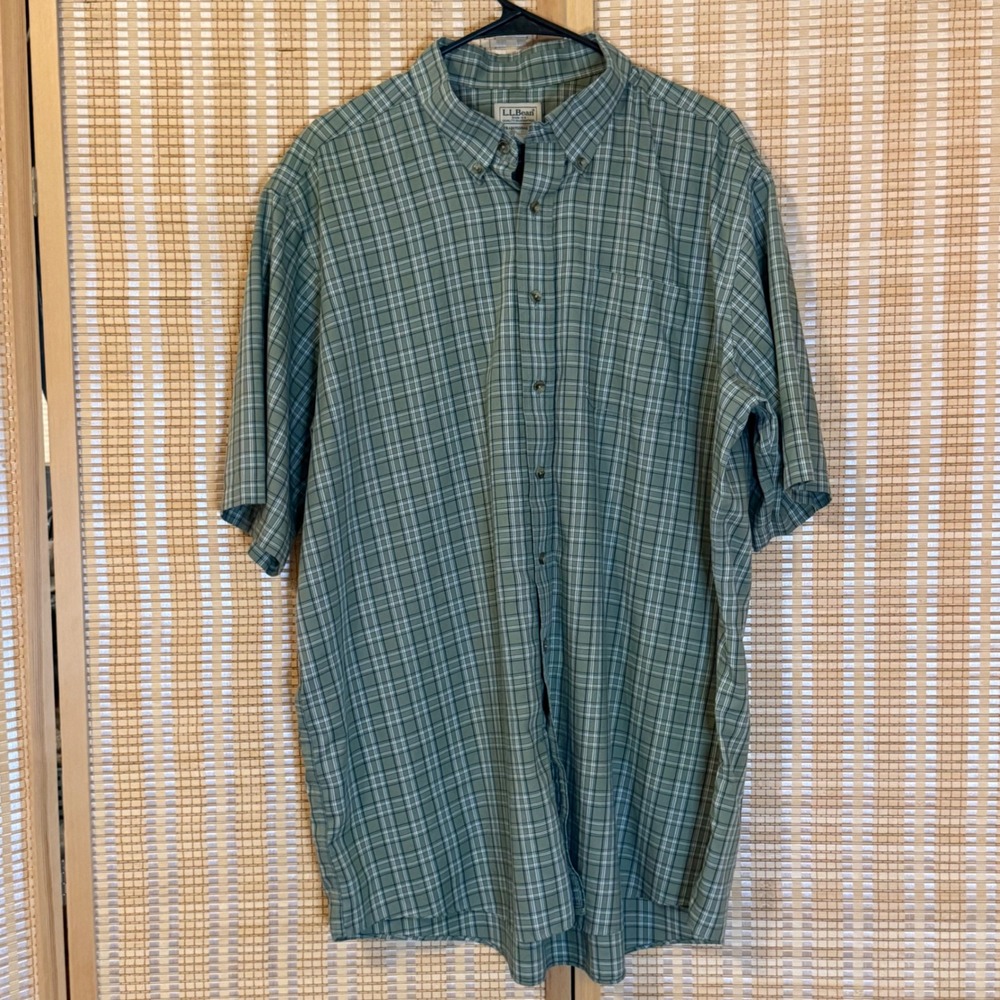 LL Bean Mens XL Tall Green Plaid Short Sleeve Button Down Shirt Traditional Fit